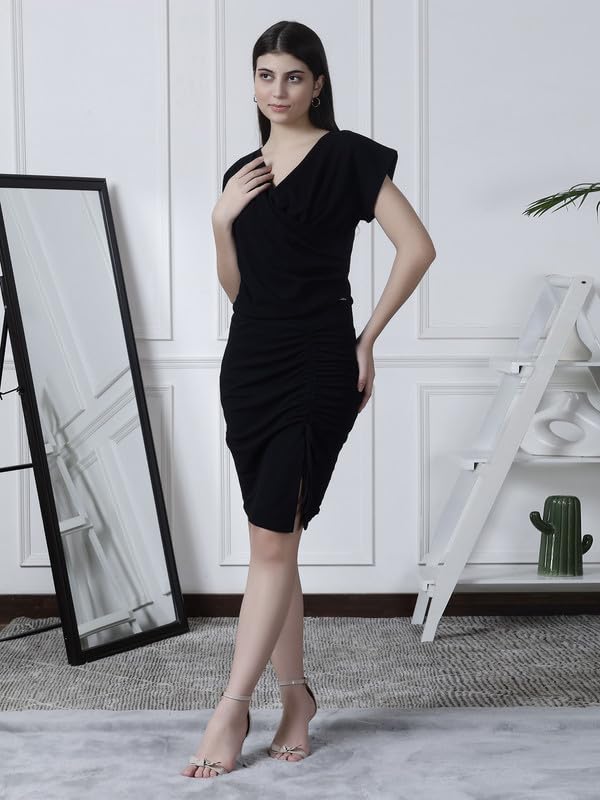 Image of NEUDIS Women Polyester Knit Solid Fitted Overlap Top