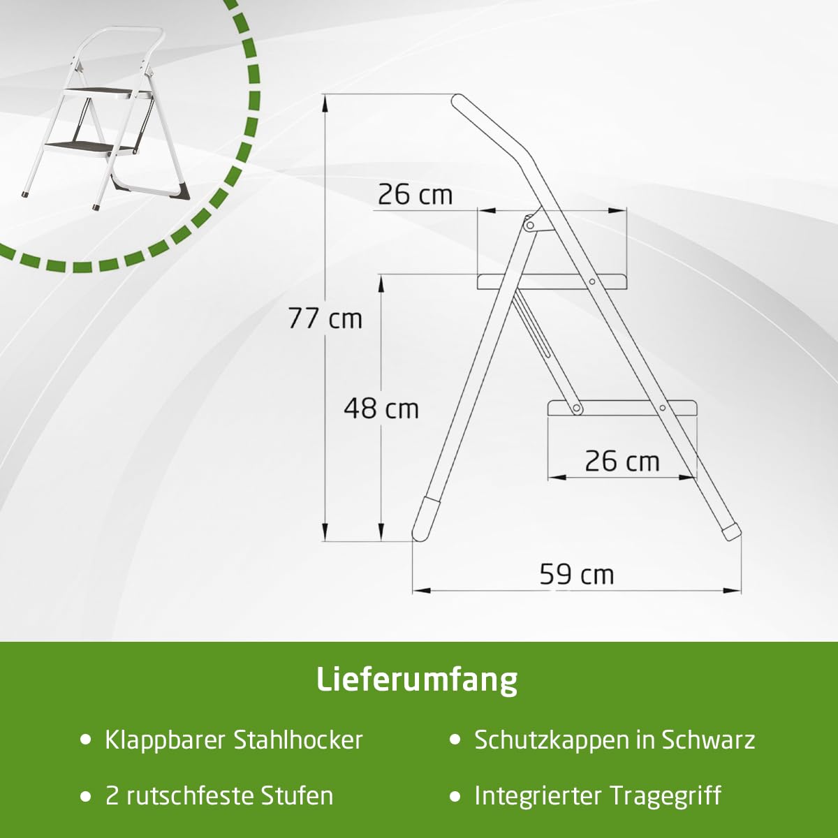Amig – Klappleiter – Stahlhocker mit 2 rutschfesten Stufen – Maße: 77 x 59 x 48 cm – Maximale Belastung: 150 kg – Weiß Mit schwarzen Protektoren – Für den professionellen und privaten Gebrauch