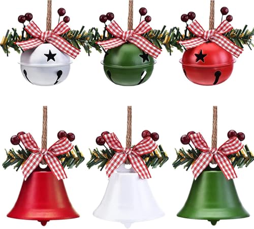 Christmas Bell Ornaments 2025 Xmas Tree Hanging Decorations Large Size Bells with Holly Berry for Crafts Holiday Party Favors Supplies (Red Green White) 6 Piece