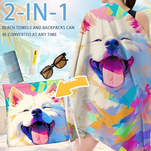 CWENDANER Strandtuch Mikrofaser Handtuch Badetuch, Rucksack Strandtuch Badetuch, 140x70 cm Saugfähig und Schnell Trocknende Sandfrei, für Strand, Reise, Schwimmen(Smiley-Hund)