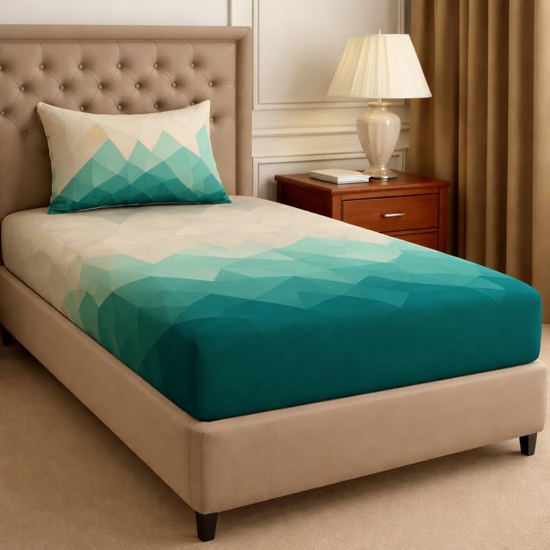 Image of Pure Cotton All Round Elastic Fitted Bedsheets with 1 Pillow Cover | Single Mattress Bed Breathable| Longlasting | Supersoft Size - 36 x 72 + 6 inches (Abstract, Color -Ombre Teal)