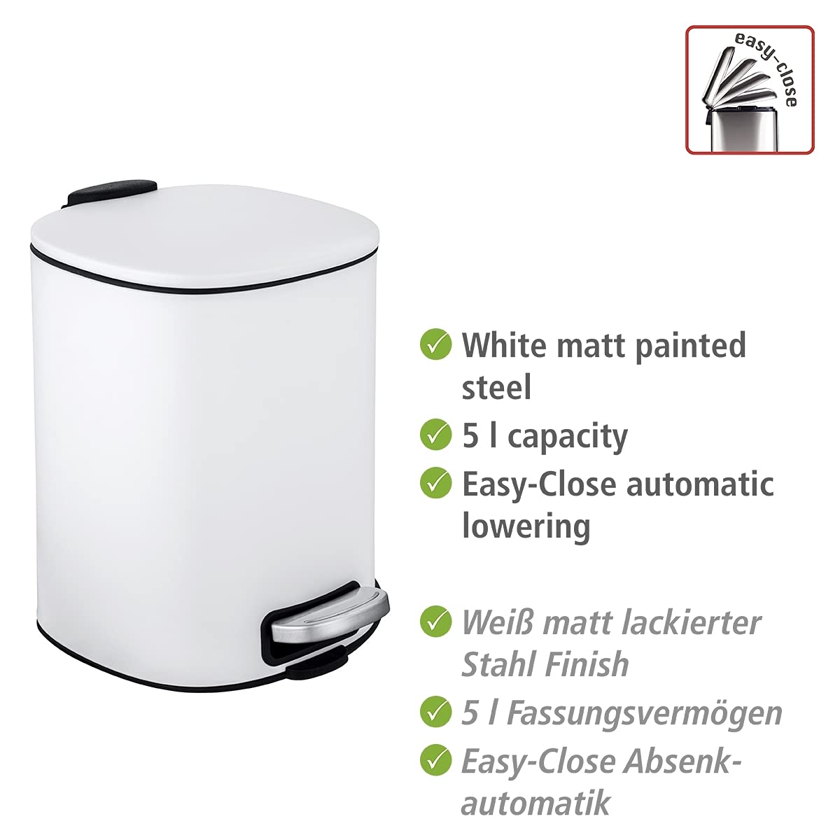 WENKO Alassio Cosmetic Pedal Bin, 5 Litre Volume, High Quality Bathroom Bin with Easy-Close Mechanism, Painted Steel, 24.5 x 20.5 x 27 cm, White