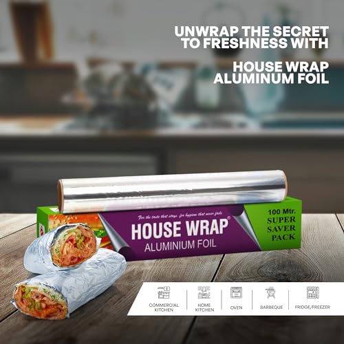 Image of House Wrap Aluminium Foil 100 m, Aluminium Foil Paper for Food Packing, Cooking, Baking | Super Saver Family Pack | Foil Paper for Food Wrap 11 Microns (Pack of 1)