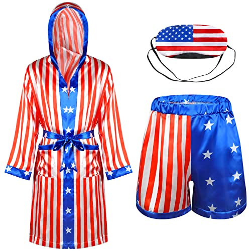 3 Pcs Satin American Flag Boxing Costume with Boxing Robe USA Boxer Short and Patriotic Eye Mask for Halloween Party(Small)