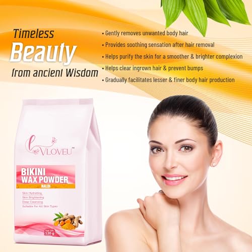 Image of VLOVEU - Bikini Wax Powder for Women - 5 Minutes Painless Herbal Wax Powder for Hair Removal|Easy to Use at Home, No Chemicals - No Irritation, Bikini Wax for Women and Girls (120g) (Halldi)