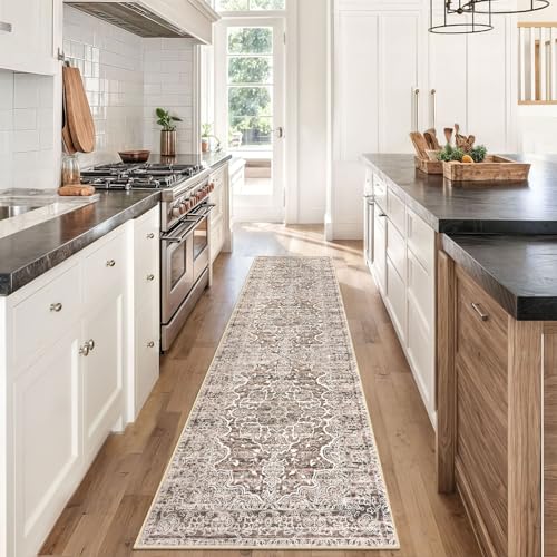 KUTA Vintage Washable Runner Rug, 2x8 Brown Runners for Hallways Non-Slip Kitchen Rugs Ultra Soft Printed Distressed Floral Medallion Carpet for Bedroom Living Room Nursery Playroom