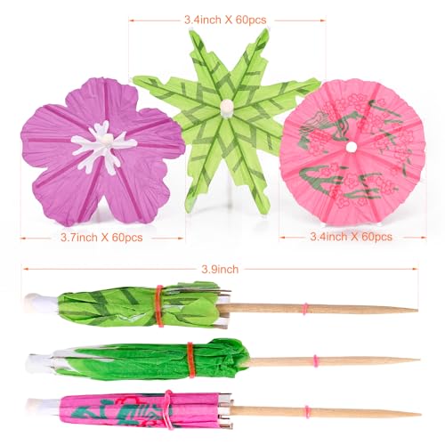 180 Pieces Drink Umbrella Cocktail Picks Toothpicks,Palm Leaf and Colorful Drink Umbrellas for Luau Hawaii Beach Tropical Party Decorations - Thumbnail 2
