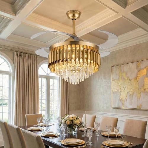 Image of 42 inch Crystal Ceiling Fan Gold Chandelier with Remote | Retractable Blades | LED Light (3 Color Modes) | Modern Luxury Fan Light for Living Room & Dining Fan Chandelier