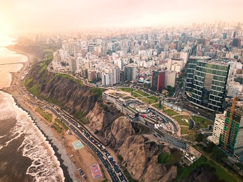 Quadro acrilico 40 x 30 cm: Lima, Peru - December 12 2018: Aerial of Buildings of Downtown Mirafles in Lima on a Overcast Day, immagine su acrilico