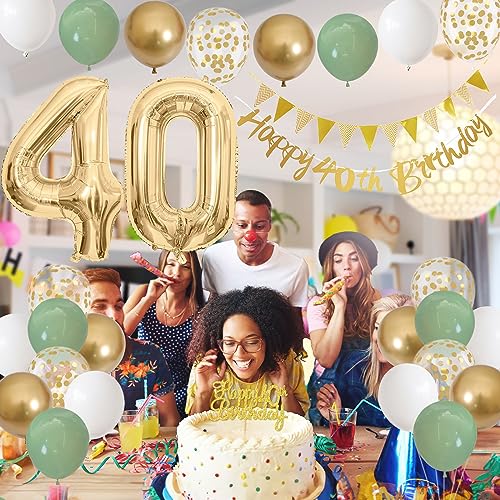Image of 40th Birthday Decorations for Women, Sage Green White Gold 1986 Happy 40th Birthday Decorations, 40 Years Old Decoration Include Banner Garland Balloon Cake Topper Decor