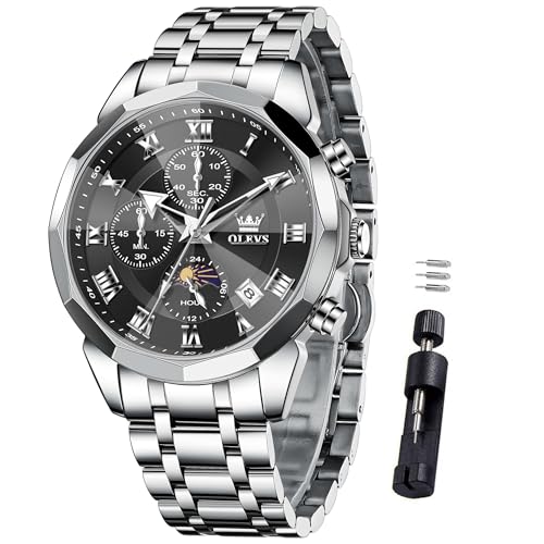 OLEVS Watch Men Luxury Black Face Sliver Stainless Steel Dress Wrist Watch