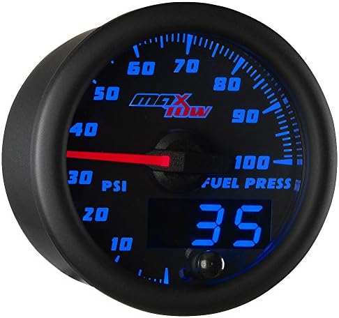 MaxTow Double Vision 100 PSI Fuel Pressure Gauge Kit - Includes Electronic Sensor - Black Gauge Face - Blue LED Illuminated Dial - Analog & Digital Readouts - for Trucks - 2-1/16" 52mm