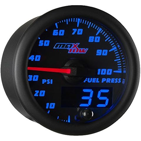 MaxTow Double Vision 100 PSI Fuel Pressure Gauge Kit - Includes Electronic Sensor - Black Gauge Face - Blue LED Illuminated Dial - Analog & Digital Readouts - for Trucks - 2-1/16" 52mm Cover