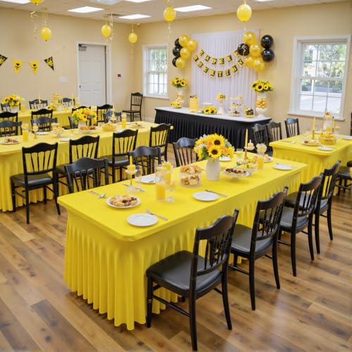 Image of 3 Pack Yellow Spandex Tablecloth for 8 Foot Rectangle Tables, Wrinkle Free Fitted Table Cloth Cover 8ft Yellow Stretchy Tablecloths with Skirt for Parties Weddings Birthday Banquet Baby Shower