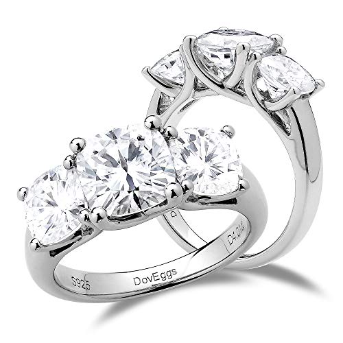 DovEggs Moissanite Engagement Rings for Women Solid 4ct Cushion Cut 3-Stone Moissanite Classic Anniversary Wedding Rings 14K Gold QUALITY Sterling Silver
