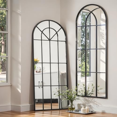 Image of Dewfig Arched Full Length Mirror, 71 inchx 32 inch Windowpane Floor Mirror, Black