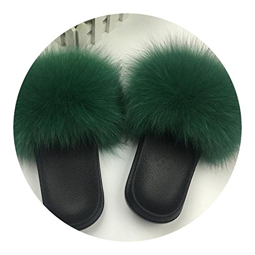 Fox Hair Slippers Fur Slippers Cute Plush Slippers,Green,8.5