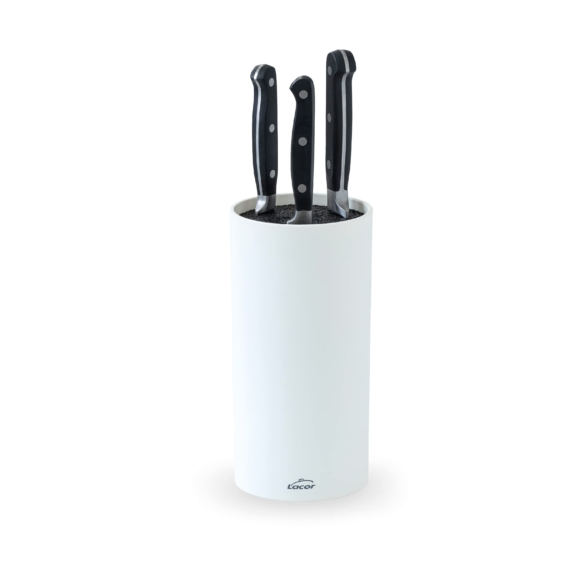 Lacor - 39037 - Taco de Cuchillos White, Bloque Universal para Cuchillos, Multidireccional, Color Blanco mate, Ø11cm, Altura 22cm, Apto para Lavavajillas.