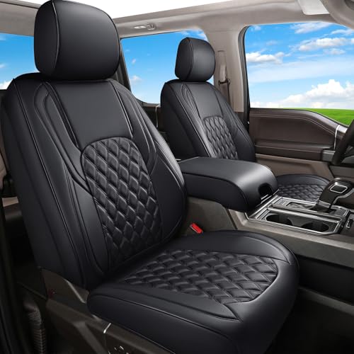 Huidasource Ford Seat Covers, Leather Pickup Seat Cushion Cover Fit for 2015-2025 Ford F150 SuperCrew & 2017-2025 F250 F350 F450 Super Duty Crew Cab XL XLT Lariat King Ranch Platinum(Full Set/Black)