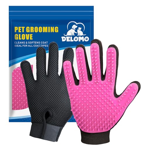 DELOMO Pet Grooming Gloves, Upgrade Version with Enhanced 255 Silicone Grooming Tips, Hair Remover Mittens for Dogs & Cats, Bath Brush, 1 Pair (Pink)