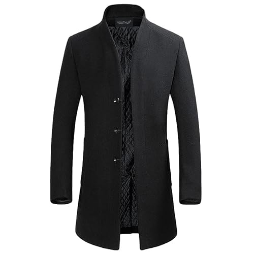 YOUTHUP Men's Coat Winter Thick Wool Trench Coat Mid-Length Slim Fit Padded Warm Casual Peacoat, Black(Design 2), M