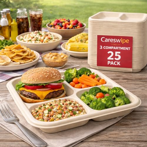 Image of 3 Compartment Disposable Paper Plates Meal Tray - Pack of 25 | Disposable Plates Eco Friendly Disposable Food Paper Plates | Home Use, Party, Picnic, Restaurant & Catering Use | Leak Proof