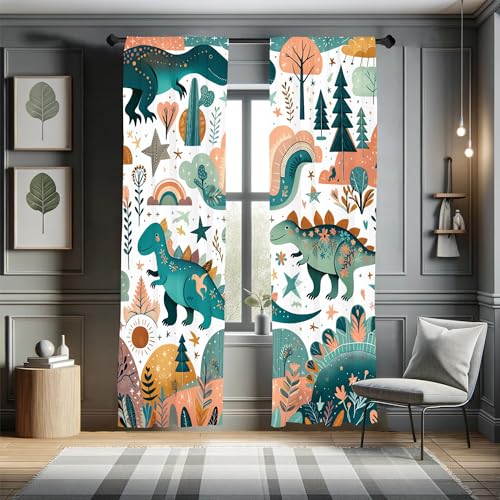 Ambesonne Dinosaur Window Curtains, Scandi Cartoon Jurassic Animal Scene with Leaves Flowers in Woodland, Lightweight Decorative 2-Panel Set & Rod Pocket, Pair of - 28