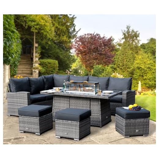Rattan Garden Furniture with Fire Pit Table - Premium Series - 8 / 9 Seater Outdoor Furniture Rattan Corner Sofa Corner Garden Patio Sets - FREE RAIN COVER (Dark Grey, Left Hand - Firepit Table)
