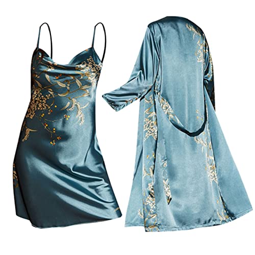 Satin Nachtkleid Mit Morgenmantel, Negligee Damen Sexy Kurz Nachtwäsche Mantel Trägerkleid Ärmellose Sleepwear Zweiteiliger Mit Kordelzug...