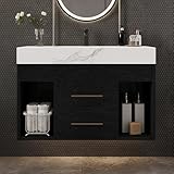 TehRecBT 30 inch Modern Floating Bathroom Vanity with Sink, Wall Mounted Bathroom Cabinet with Undermount Ceramic Sink, Sintered Stone Countertop, 2 Soft Closing Drawers & Open Storage Shelf, Black