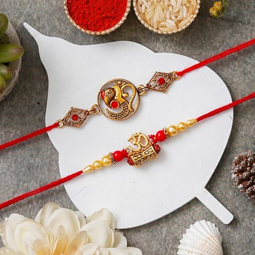 Image of eCraftIndia Set of 2 Peacock Feather Floral Designer Rakhi for Brother Bhaiya Bhai Boys Kids | Roli Chawal Pack