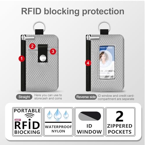 Image of Minimalist RFID Blocking Small Wallet with ID Window,WaterResistant Zip Id Case Wallet with Lanyard Keychain for Cards,Cash,Travel,Women,Men (Light gray)