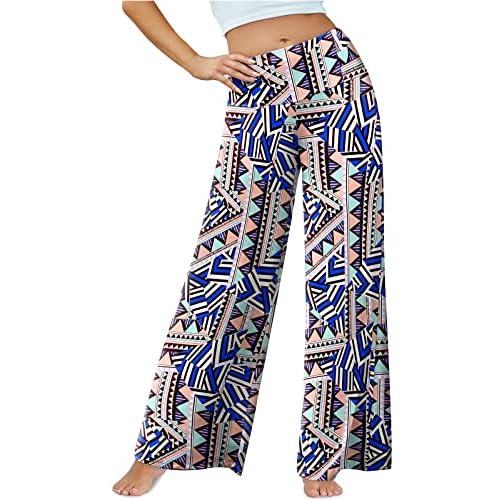 Arolina Women's Stretchy Wide Leg Palazzo Lounge Pants Casual Comfy High Waist Palazzo Pants Medium Bluegreenprint