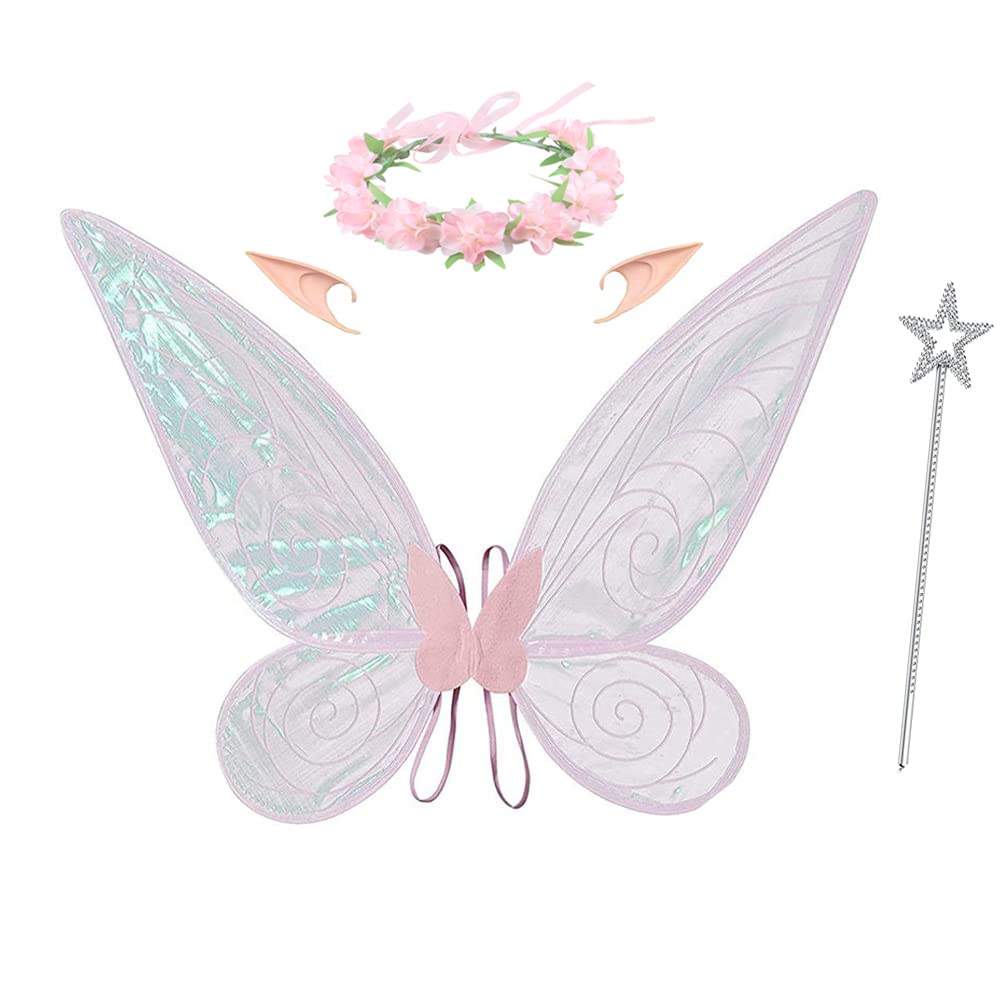 RicjurzztyButterfly Fairy Wings Costume with Fairy Star Wand,Floral Headband, Elf Ears for Girls Sparkle Princess Wing for Halloween Cosplay Party