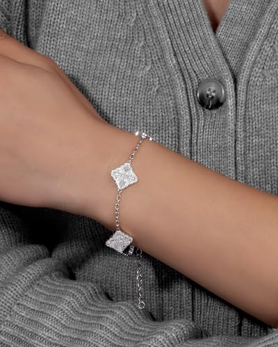 Iced Out 5A Cubic Zirconia Five-Flower Lucky Bracelet, Adjustable Chain Bracelet Dainty Four Leaf Bracelets For Women Trendy, White Gold Plated Stack Bracelets3