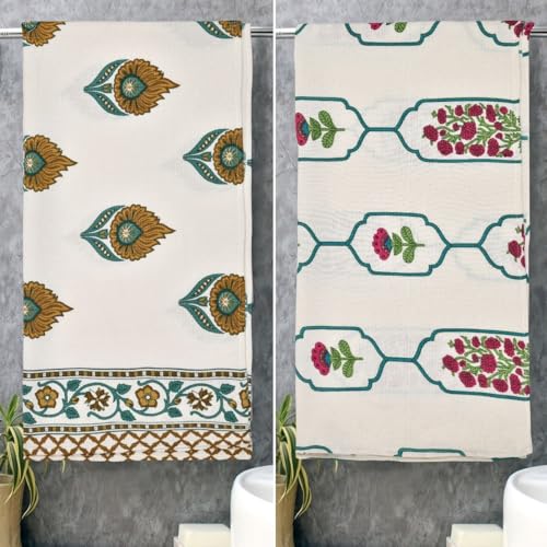 Image of Mafatlal Madhuban Elegant Cotton Towels - Highly Absorbent, Fast Drying & Lightweight | 76x147 cm | 250 GSM | Wa ffle Weave Texture | Pack of 2 | Gold N Rose
