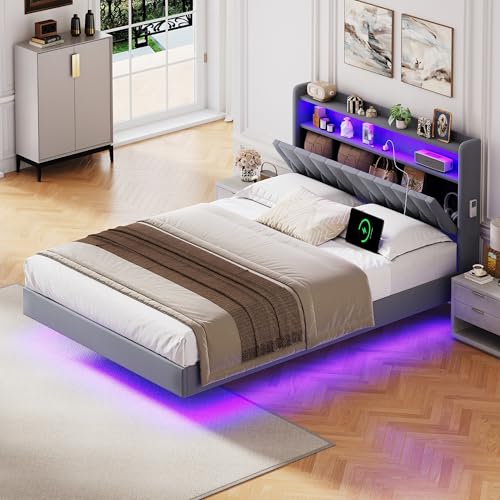 Besbed Double Bed Frame 4ft6 Upholstered Bed with Concealed Rhombic Headboard Storage and LED & Charging-Station Wooden Slats Velvet Grey (No Mattress)