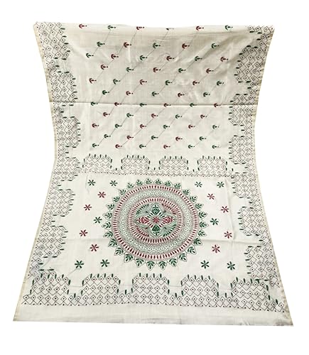 Image of SHRISTI CLOTHINGS Women's Hand Embroidered Cotton Silk Kantha Stitch Saree with Blouse Piece (J420824 OFFWHITED90)