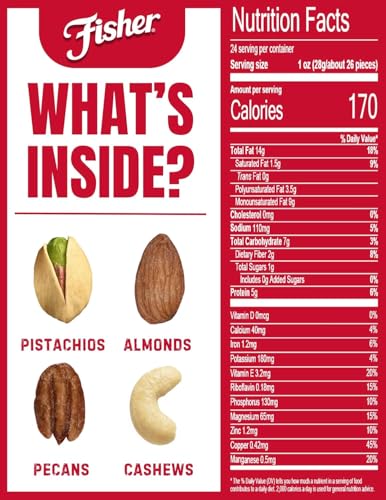 Image of Fisher Oven Roasted Never Fried Deluxe Mixed Nuts, 24 Ounces, Almonds, Cashews, Pecans, Pistachios, Healthy Snacks for Adults, Made With Sea Salt, No Added Oil, Trail Mix, Gluten Free (Pack of 2)
