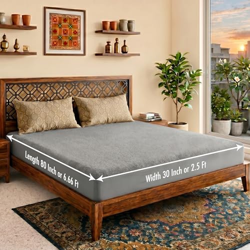 Image of Lithara Terry Cotton Fitted Mattress Protector for Single Bed | Waterproof & Elastic Band | Ultra Soft & Hypoallergenic Mattress Cover | Size : 30 x 80 Inches (2.5 x 6.67 Feet) | (Grey)