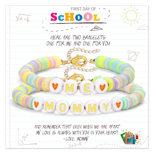 Image of Back To School Gifts for Mom and Daughter Mama and Mini Braclets First Day of School Mommy and Me Bracelet Heart Clay Bead Bracelets