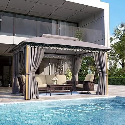 MIXPATIO 10x13 Outdoor Gazebo with Double Roofs, Sturdy Metal Frame Patio Soft Top Gazebo, Patio Canopy with Privacy Curtains & Mosquito Netting, Outdoor Canopy for Backyard, Lawn, Garden, Deck (Grey)