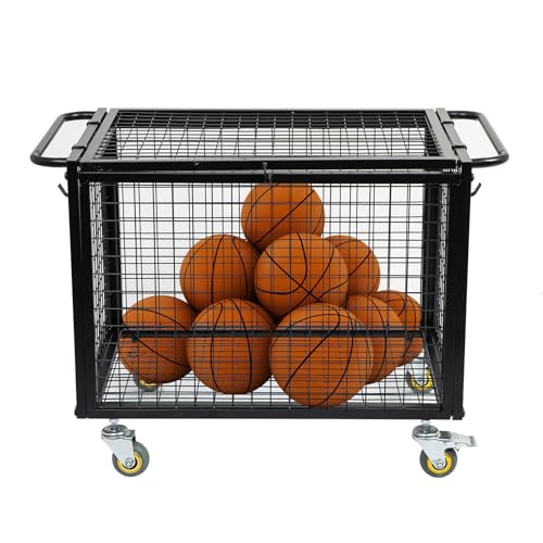Metal-Basketball-Rolling-Cart-Sports-Equipment-Storage-Wheel-Basket-Matte-Black-Athletic-Lockable-Cage-with-Raised-Handle-Gym-Home-Garage-School-Court-Field-Football-Soccer-Ball-Volleyball-Bat