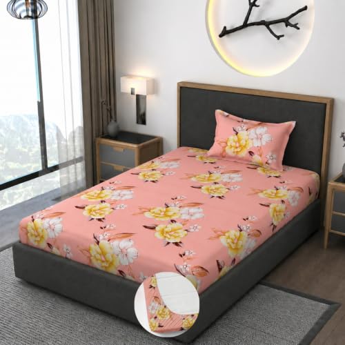 Image of Vaini Premium Heavy Cotton Elastic Fitted Bedsheets with 1 King Size Pillow Covers || Single Bed with All Around Elastic 350 TC || 36 x 78 x 6 Inch Single Size Fitted || :- Baby Pink Flower