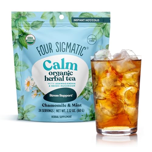 Four Sigmatic Calm Organic Herbal Tea | Stress Relief Tea with Ashwagandha & Reishi | Instant Adaptogenic Drink for Relaxation | Vegan, Gluten-Free | Chamomile & Mint, 24 Servings