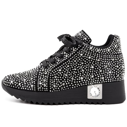 Image of FINDVELL Women's Fashion Glitter Sneakers Platform Wedge Shoes Sparkly Rhinestone High Top Sneakers Trendy Sequin Shoes Wedding Bride Dress