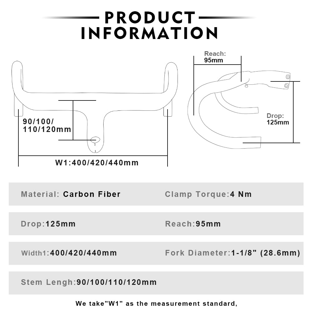 Guidon Vélo De Route Carbone Intégré 28,6mm - Longueur 400/420/440mm - Barre De Chute Légère Pour Course