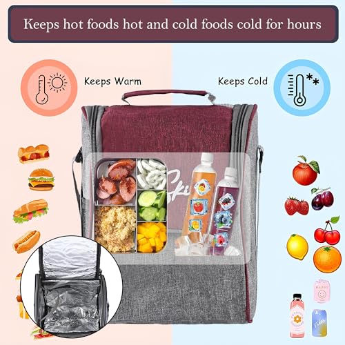 Image of Kuber Industries Leak Proof Lunch Boxes for Office Men & Women with Bottle (750 ml), 4 Container (350 ml) & 2 Spoons Pouch /Bag | Airtight Tiffen Box for School Kids | Grey & Red