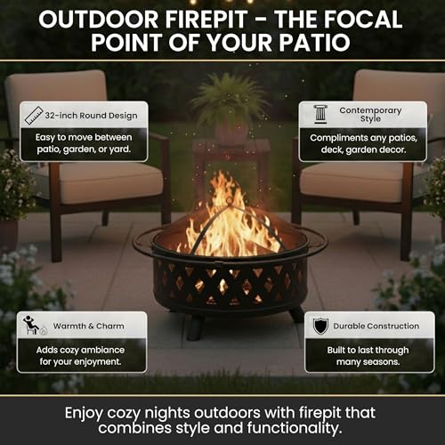 Pure Garden Outdoor Fire Pit with Cross Weave Pattern, Black, 32-Inch - Image 2