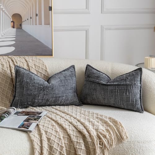 Image of MADIZZ Pack of 2 Chenille Throw Pillow Covers 12x20 Inch Dark Grey Soft Neutral Decorative Throw Pillows for Couch Sofa Boho Accent Cushion Covers Modern Farmhouse Home Decor for Bedroom Living Room